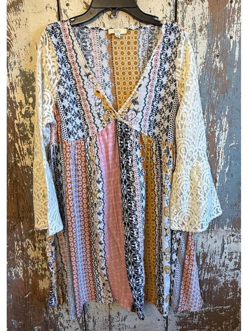 Kori America Women’s Mixed Print Lace Bell Sleeve Patchwork Dress, Size Small